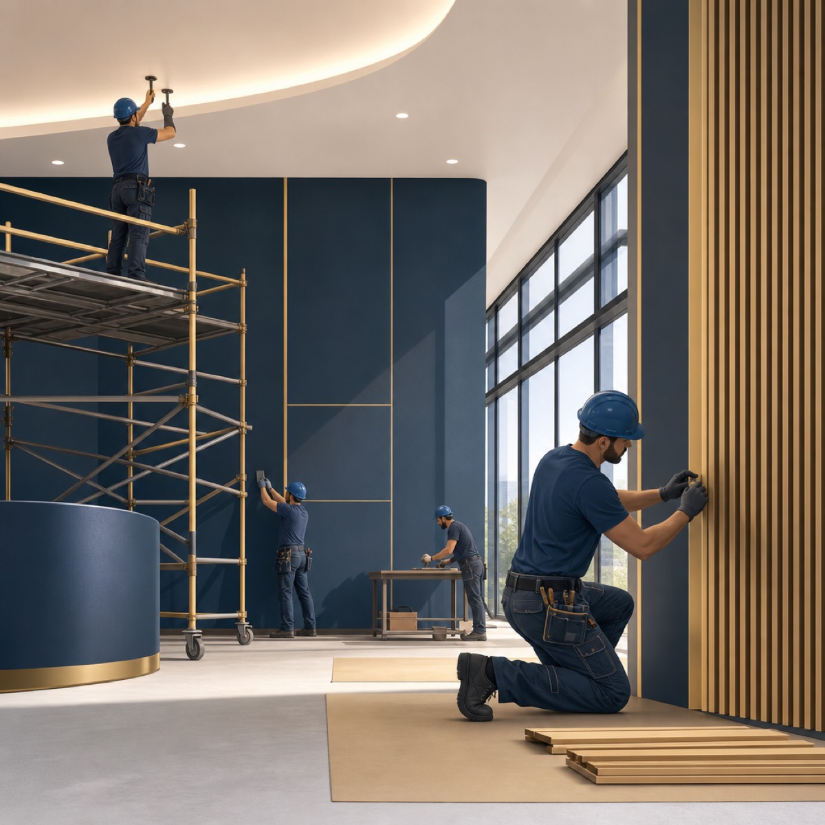 Specialty construction crew installing interior finishes in a commercial building