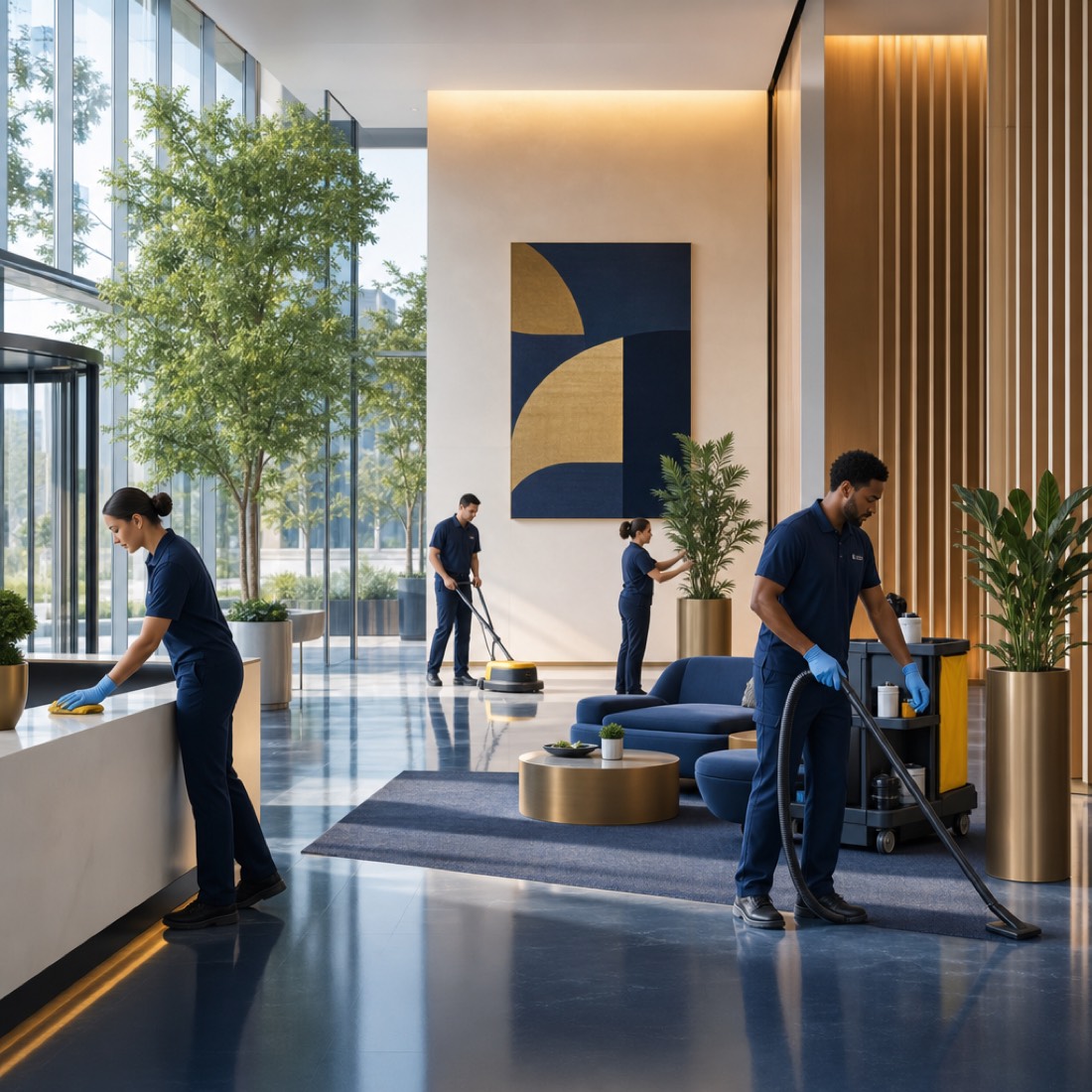 Facilities team maintaining a bright commercial office lobby