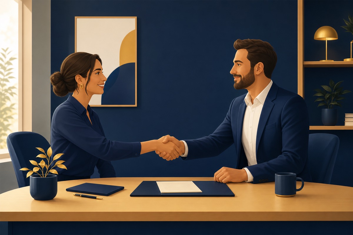 Two partners shaking hands across a table after agreeing a deal