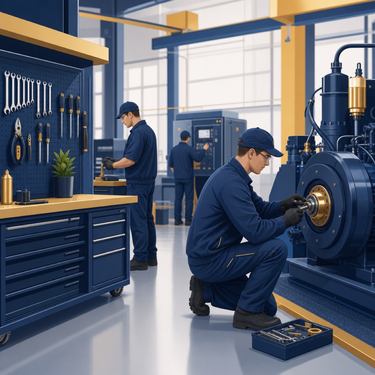 Industrial services technicians maintaining machinery in an organized workshop