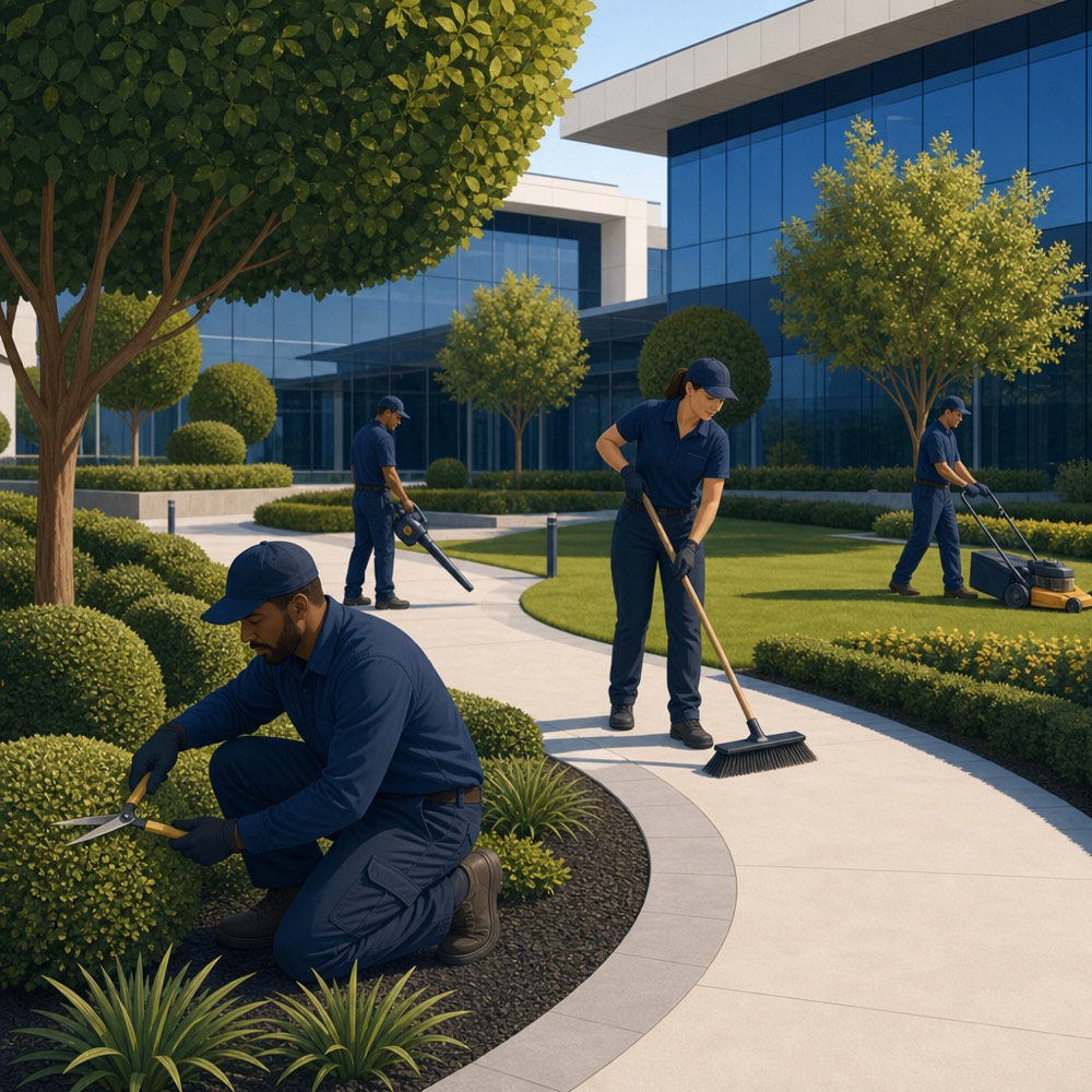 Landscaping crew caring for the grounds of a corporate campus