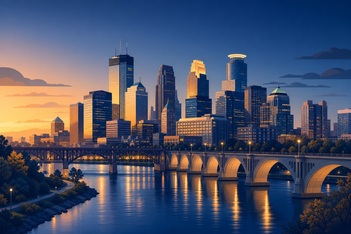 Minneapolis skyline at dusk above the Mississippi river