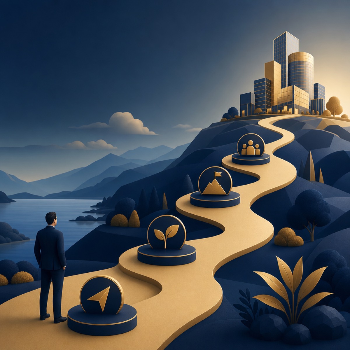 A winding path with milestones leading toward a thriving city, representing the seller journey