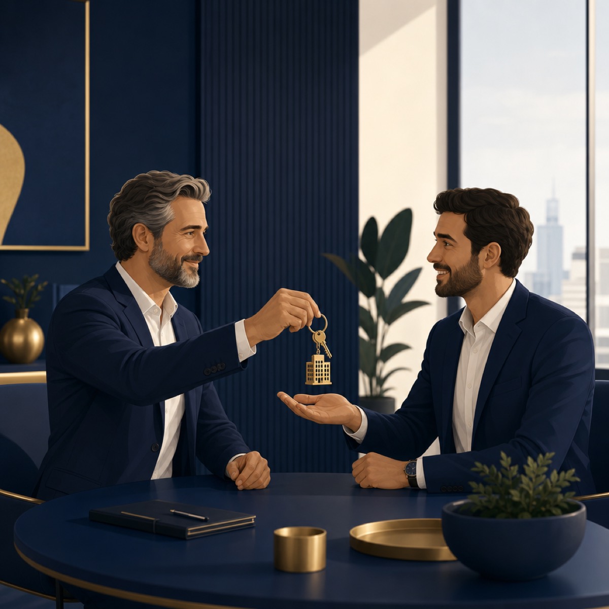 A business owner handing the keys of his company to a new long-term partner